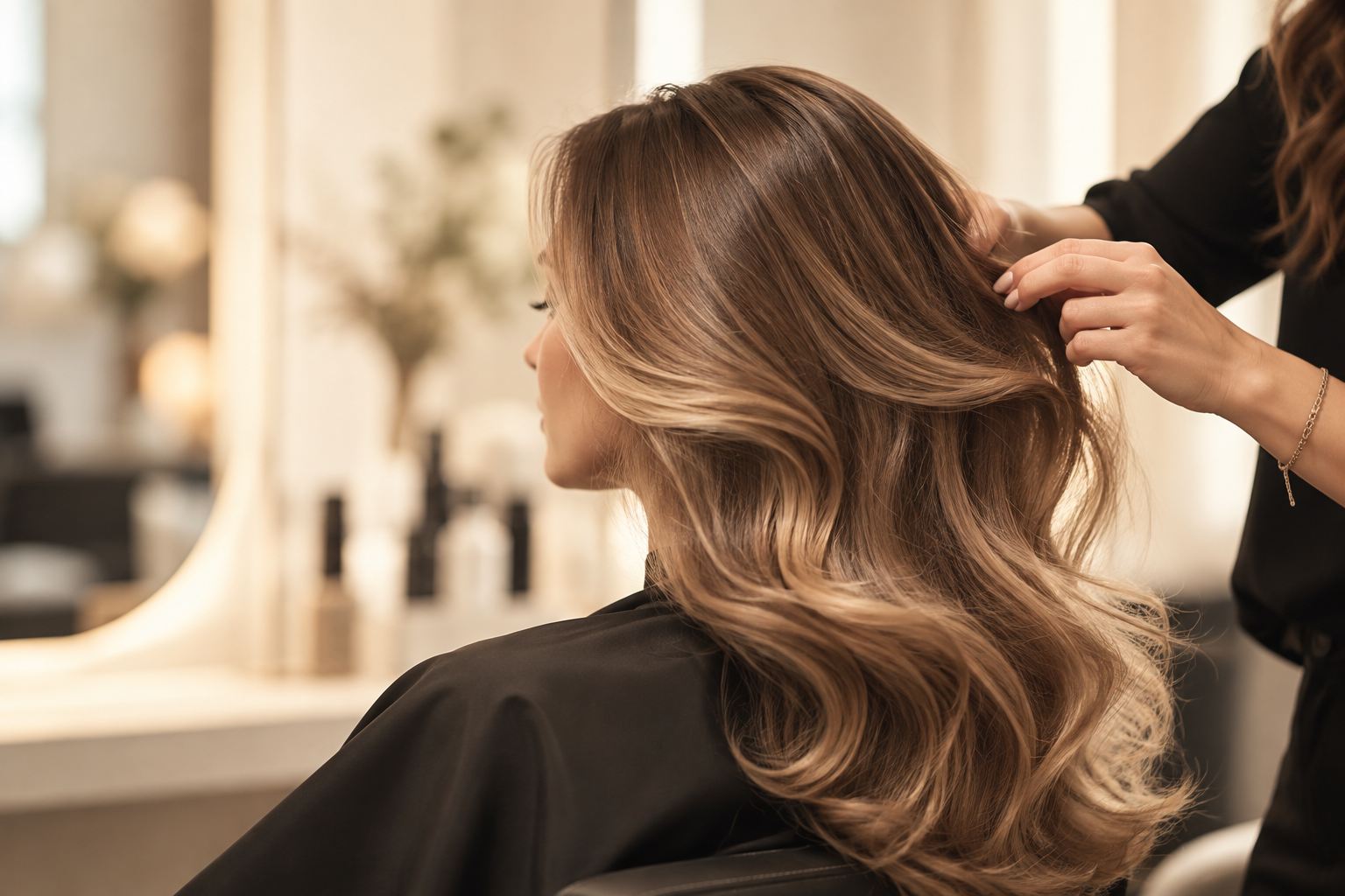 Coiffeuse frisiert das lange, gewellte Haar einer Kundin